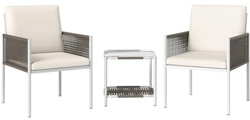 Outsunny Conjunto de Jardín Exterior de 3 Piezas Mesa Ratán Marrón y Crema