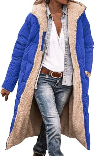 YCBMINGCAN Abrigo de invierno largo para mujer con capucha | Abrigo reversible con forro de peluche y abrigo acolchado lateral | Abrigo de felpa cálido | Chaqueta de transición acolchada para otoño e