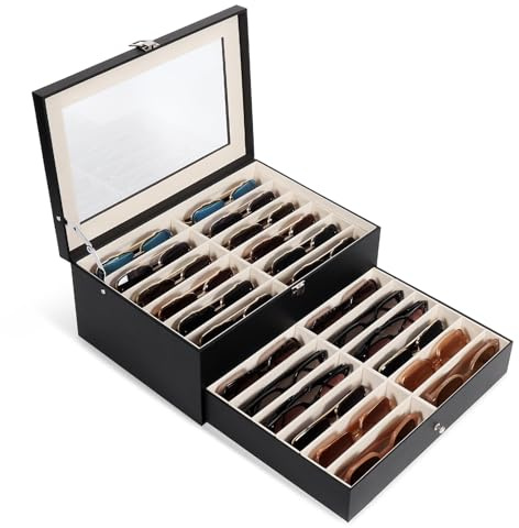 Huvon Sunglasses Storage Organizer Case with 24 Adjustable Slots, 2 Layer Multi Eyeglass Glasses Display Box with Lid Women