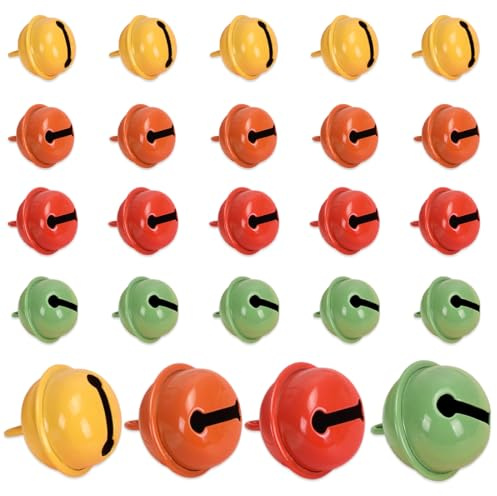 YUVKIN Campanas de metal con ojales, 24 unidades, cascabeles pequeños para manualidades, joyas, decoración de festivales y navidad, campanas para mascotas (22 mm) (4 colores, Color de Navidad)