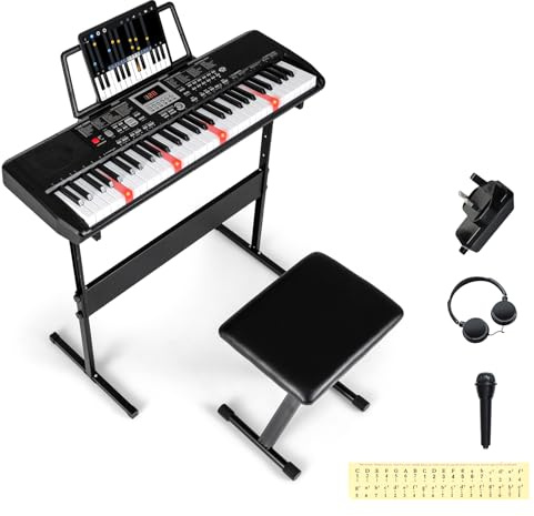 COSTWAY 61 Key Digital Piano Keyboard, Electric Piano with Adjustable Stand & Stool, 200 Rhythms, 200 Tones, 70 Demos, Note Sticker, Portable Keyboard for Beginners, Kids, Adults