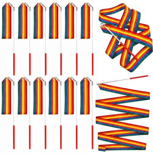 Funver 12PCS Dance Ribbons, 2M/78 Rhythmic Gymnastics Streamers with Baton Sticks, Colorful Party Favors Supplies for Carnival Birthday Celebration Artistic Twirling Wands