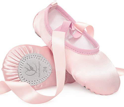 Balettskor, rosa, balettskor, satin med band, dansskor, delad lädersula för flickor, barn, kvinnor, i storlek 24–40, ROSA, 31 EU