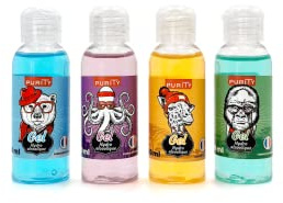 4 Mini-flacons de gel hydroalcoolique PARFUM Cola, Abricot, Bubble gum, Vanille Coco