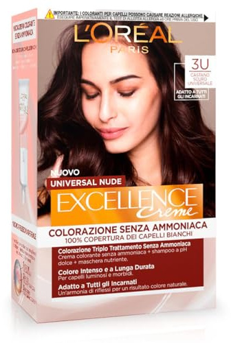 L’Oréal Paris Colorazione Permanente Excellence Universal Nude, Senza Ammoniaca, Riflesso Universale, Colore Intenso a Lunga Tenuta, Castano Scuro 3u
