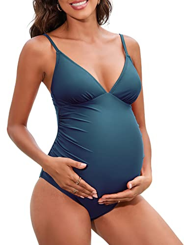 CUPSHE Maternity Swimsuit for Women One Piece Swimsuits Pregnancy Swimwear Spaghetti Straps Ruched Adjustable Dark Blue M