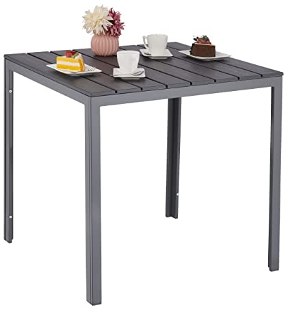 Relaxdays Gartentisch, HBT: 74 x 78 x 78 cm, Balkontisch Holzoptik, Kunststoff, Stahl, Terrassentisch quadratisch, grau