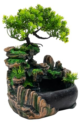 TaNeHaKi Zimmerbrunnen, Wasserbrunnen, Luftbefeuchter, Kunstharz, Dekoration für Büro, Wohnzimmer, Geschenk, Dekoration für Schlafzimmer (LED + Nebel)