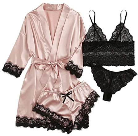 iSpchen Juego de Pijama de 4 Piezas para Mujer, Conjunto de Pijama Largo de Noche, Lencería Sexy de Encaje, Pantalones Cortos, Camisa de Noche, Abrigo de Casa Suave, Lencería de Noche, Shorts de