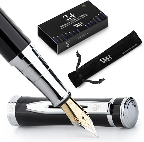 Wordsworth & Black Juego De Pluma Estilográfica, Punta Extrafina, Paquete De 24 Cartuchos De Tinta, Convertidor De Recarga De Tinta Y Estuche De Regalo, Acabado Cromado, Caligrafía, [Cromo Negro]
