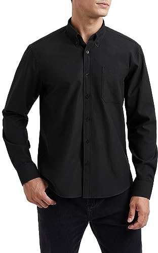 HISDERN Chemise à Manches Longues Oxford Noir pour Homme Décontractée Coton Chemises Hommes Couleur Unie Business Casual Bouton Shirts avec Poche XL