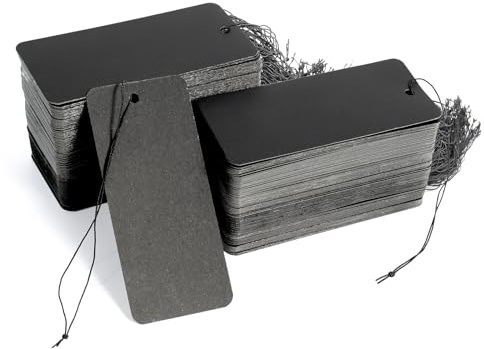 Polvtor 200 Pack Black Hang Tags with String Attached Large Price Tags with Elastic Strings 3.5x1.6 in Hang Gift Tags for Retail Clothes and Crafts Display