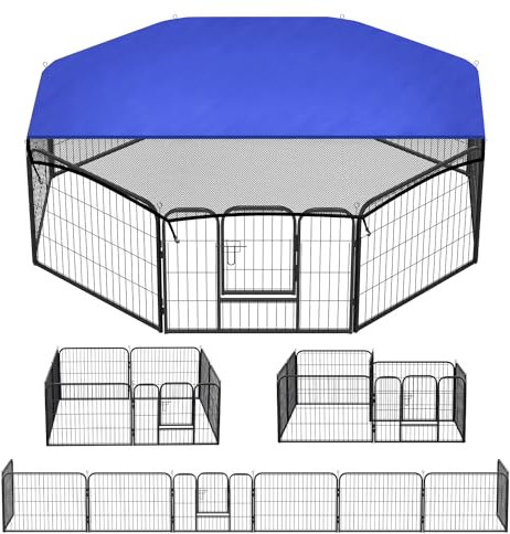 Yakimz Welpenlaufstall 8-teilig, Welpenauslauf 60cm hoch mit Tür und Schutzplane, Hundelaufstall Flexibel und Faltbar, Welpenzaun für Hunde, Hasen & Kleintiere