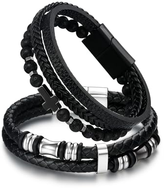 Dochais 2 Stücke Lederarmband Herren Schwarz, 21cm Männer Leder Armbänder Personalisierte Geschenke Armband Mann Schmuck Herrenarmband für Ihn Ehemann Freund Papa Partner Mann Geburtstags Weihnachten