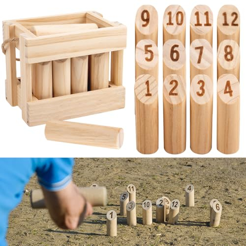HIULLEN Kubb Wikingerspiel, Original Wikinger Spiel, Finnisches Wurfspiel, Holzspiel Wikinger Schach mit 12 Holznummer & Wurfzylinder, Wikinger Wurfspiel Set für Kinder Erwachsene Outdoor Spiele