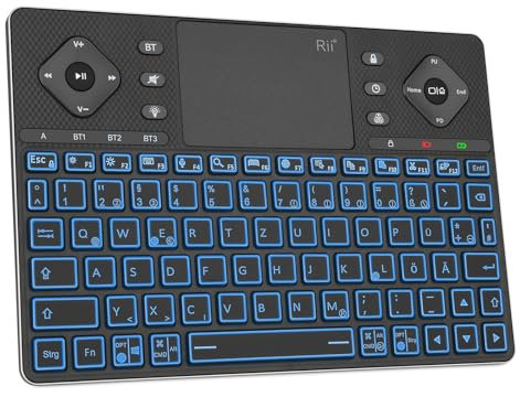 Rii Bluetooth Tastatur mit Touchpad Groß, Multimedia Tastatur mit 12 Farben Beleuchtete für Android TV,Projector,HTPC,Smart TV,Tablet,iPad,PC,Laptop-Deutsch Layout, Schwarz