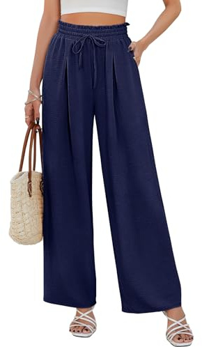 CMTOP Pantalon Femme Été Fluide à Jambes Larges Taille Haute Elastique avec Cordon de Serrage, Léger et Elegant de Plage Décontracté avec Poches