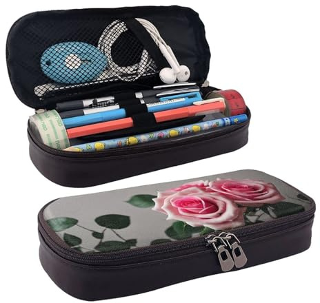 FSCEV Red Rose Leather Pencil Case Stationery Portable Multifunctional Storage Bag Academy Supplies