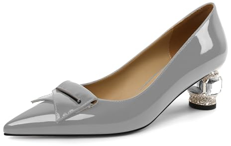 Mettesally Escarpins Femme Gris à Talon Carré en Cristal 5 cm Escarpins Hauts de Cérémonie à Bout Pointu en Cuir Verni Élégantes Chaussures de Travail Ville & Soirée Escarpins Confortables 36EU