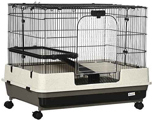 PawHut 2 Tier Rolling Small Animal Rabbit Cage Chinchillas Hutch Pet Play House with Platform Ramp Removable Tray 80 x 52.7 x 66 cm