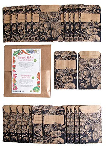 Samentütchen, Flachbeutel, Mini-Geschenktüte zum Selbstbefüllen und Beschriften für eigenes geerntetes Saatgut, Geschenke, Globuli - 25 Stück aus braunem, bedrucktem Packpapier
