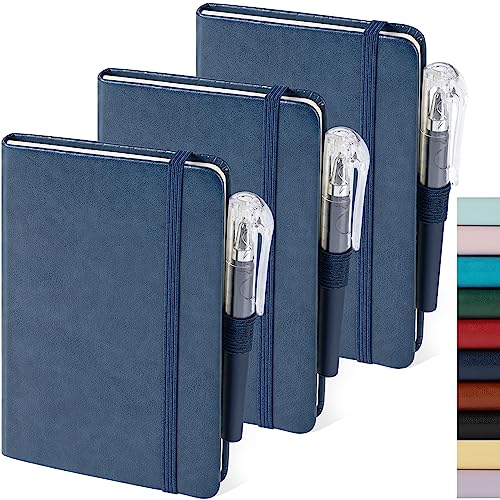 NIRMIRO Mini Notizbuch A6 mit Stift, 3 Stück Notizblock Klein 9,4 x 14,5 cm Hardcover Taschen Notizbücher mit Stifthalter, Gummiband, dickes Papier, blaues Leder Notizheft