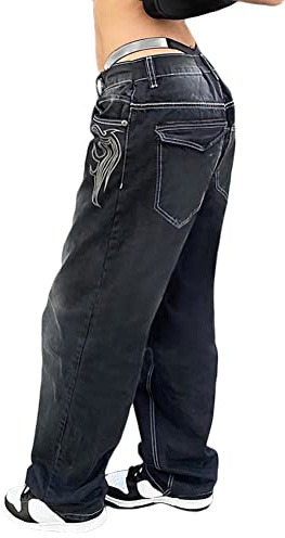 ORANDESIGNE A Noir Femme Y2K Jeans Taille Haute Jeans à Jambe Large Taille Basse Imprimé Vintage Baggy Hose Pantalon en Denim Droit Slim Flare Jean E-Girl Streetwear XL