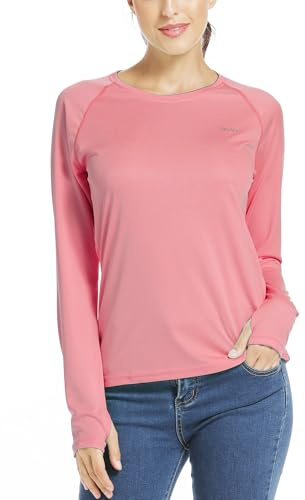 WILLIT Blusa deportiva para mujer, protección solar UPF 50+, camiseta de manga larga, camiseta deportiva Rashguard bañador, correr, natación, senderismo, pesca, tops ligeros, Rosa., L