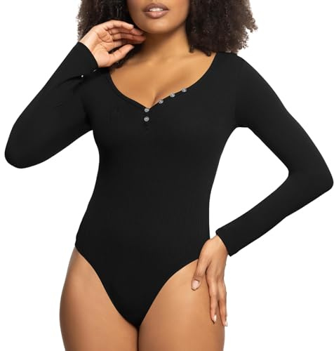 RoomTour Body dam V-ringad långärmad bodysuits för kvinnor med knapp eleganta bodys, svart, S