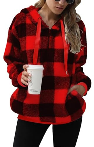 GRMLRPT Sudadera con Capucha Mujer Casual Felpa para Mujeres Sudadera Lana con Capucha de Manga Larga Suéter Patrón a Cuadros Hoodie Otoño-Invierno(Rojo,M)