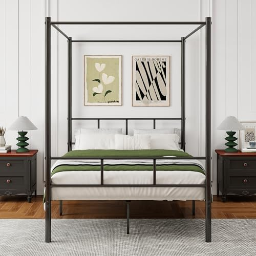 ARFARLY Double Bed Frame, 4 Poster Bed Frame, Black