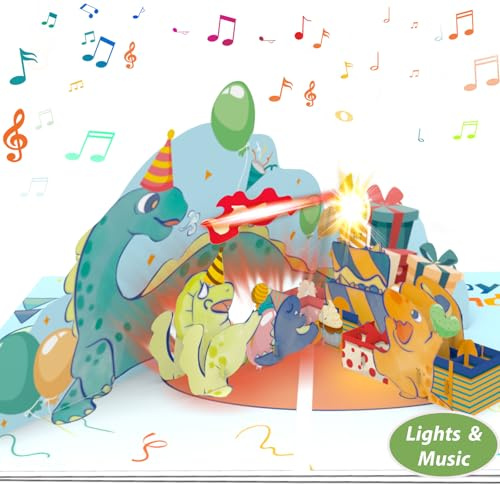 Tarjeta de cumpleaños con música, tarjeta de cumpleaños de dinosaurio para niños y niños, tarjeta de cumpleaños 3D desplegable para niños con vela LED para niño 1 año, 2 años, 3 años, 4 años, 5 años,