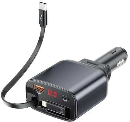 105W Caricabatteria Auto USB C, PD45W Retrattile Caricabatterie Auto, 30W QC3.0 USB Accendisigari Auto, con Voltmetro LED, Compatibile con iOS, Android, Samsung, Tablet, ecc