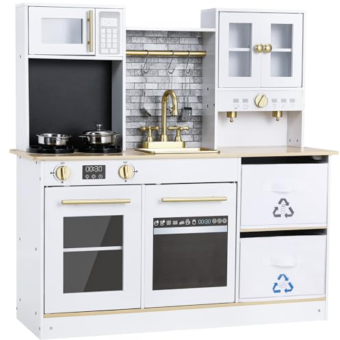 MAMIZO Kinderküche Holz, Spielküche mit Licht und Sound, Puppenküche Holz für Kinder, 90x30x90 cm kinderküchen, mit Küchenzubehör und 2PCS Aufbewahrungsboxen, Weiße, Spielzeug für Kinder ab 3 Jahren