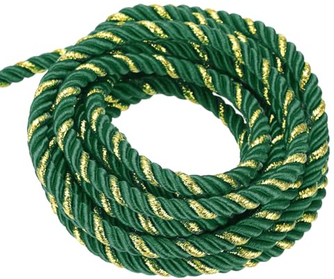 sourcing map Twisted Cord Trim, 16 Yard 5mm 3-Ply Twine Braided Rope Shiny Thread String for Craft Gift Bag Curtain Christmas Decor, Dark Green & Gold-15m