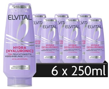 L'Oréal Paris Elvital feuchtigkeitsspendende Spülung für glänzendes Haar, Conditioner mit Hyaluron, Hydra Hyaluronic, 6 x 250 ml
