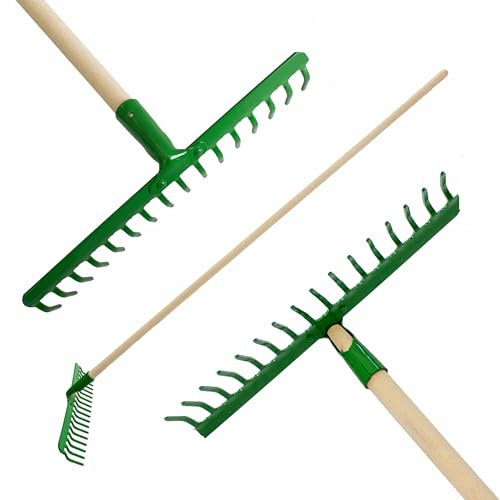 Garden Rake | 16-Tine Leaf Rake | Carbon Steel with Wooden Grip for Soil and Leaf Collection | Durable Garden Tool