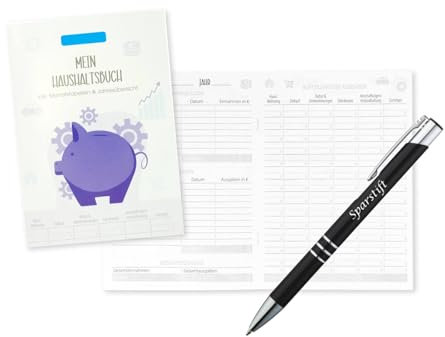Haushaltsbuch + Metallkugelschreiber mit Gravur Sparstift / 40 Blatt / DIN A5