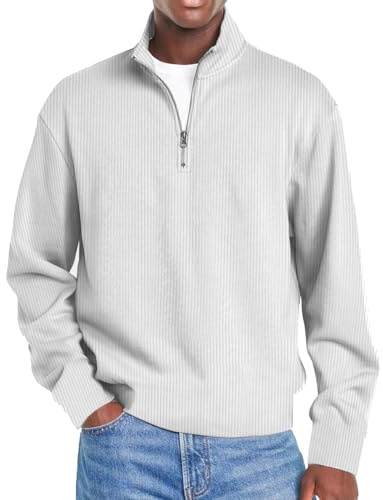YGSIKY Pullover da Uomo con Cerniera a Un Quarto, in Cotone Leggero, a Collo Alto, a Maniche Lunghe, Casual, Slim Fit, Lavorato a Maglia, Maglione Polo Casual (M,White)