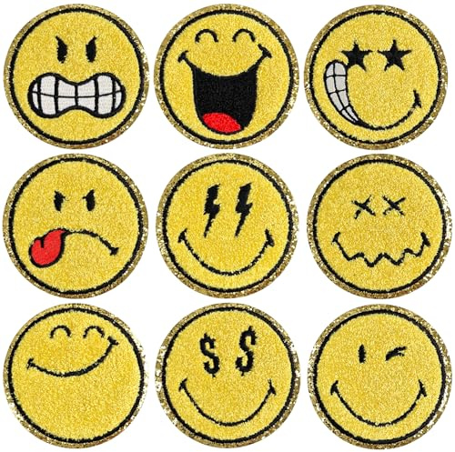 WILDREEDS 9PCS Smiley Face Iron on Patch, Officially Licensed SmileyWorld, Chenille Cute Smile Face Patch for Jackets, Hats, Backpacks, Jeans(Style 3)