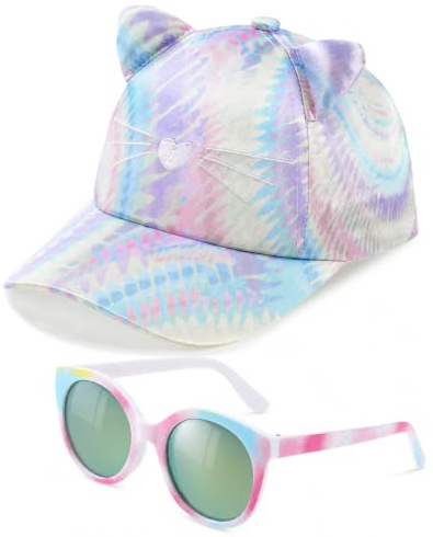 Hifot Ensemble Casquette de Baseball pour Fille Lunettes de Soleil Enfant, Réglable Casquette Laser Chat Enfant Chapeau de Soleil Protection UV