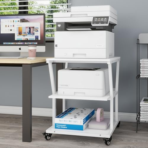 PUNCIA 50x50x75cm Heavy Duty Large Printer Stand with Storage | 3 Tier Printer Table on Wheels, Copier Stand Laser Printer Cart with Paper Storage Shelf for Home Office White