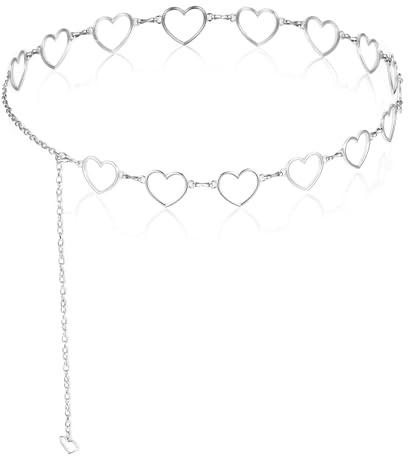 Ouligay Silver Belt Chain Metal Waist Chains Belt Y2K Silver Chain Belts for Women with Hollow Heart Design