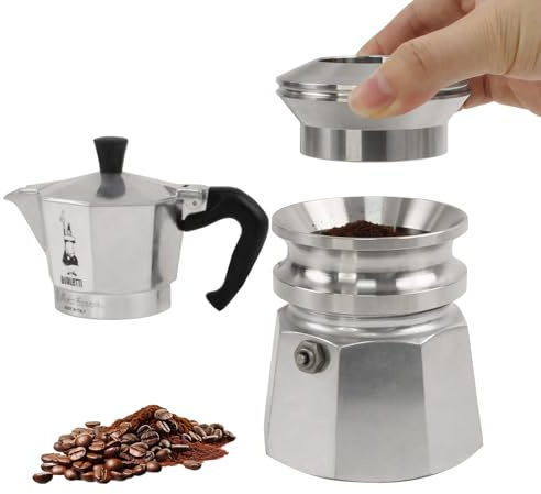Pressino e Imbuto Dosatore per Moka 2-3 Tazze – Set Accessori in Acciaio Inox 304 con Design Rotante 360° – Anti-Spreco per Caffè Espresso (Argento)