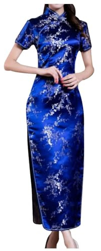 Abito Cheongsam Cinese Ricamato Manica Corta Lunga Lunghezza Signore Tradizionale Qipao, Blu scuro, S