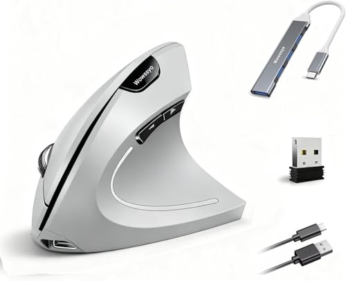 Wowssyo ergonómico Ratón Vertical inalámbrico 2.4G, Bluetooth Ratón Recargable para Windows y Mac OS, óptico, 800/1200/1600 dpi, 5 Botones - Gris