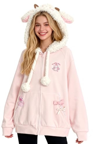 jnospne Kawaii huvtröja med dragkedja, kvinnor, söt broderi, överdimensionerad pullover, sweatshirt, Harajuku, Kawaii, huvtröja, toppkläder