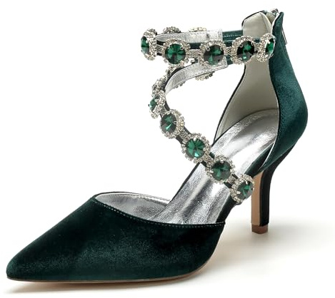 EICOFF Donna Tacco Alto a Punta Pumps Scarpe Décolleté Comode con Strass Cinturino alla Caviglia Scarpe da Sposa Sera Décolleté,Dark Green,39 EU