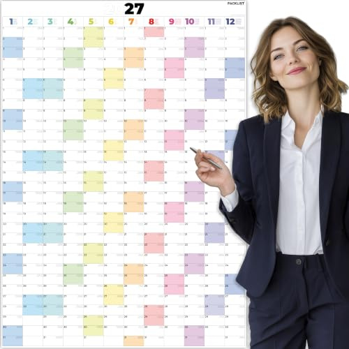 Calendario Anual 2027 Pared Grande by PACKLIST® - Planificador 2027 Vertical Tamaño Póster DIN A1 (84x60 cm), Diseño Colorido, Planning Anual 2027, Calendario de Pared Grande para Oficina y Hogar