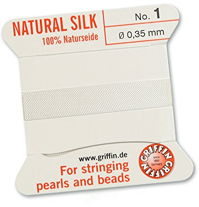 Hilo de seda 100 % natural Griffin, para enhebrar perlas y abalorios, color blanco, 2 metros con una aguja, 13 tamaños disponibles, blanco, 0.35mm